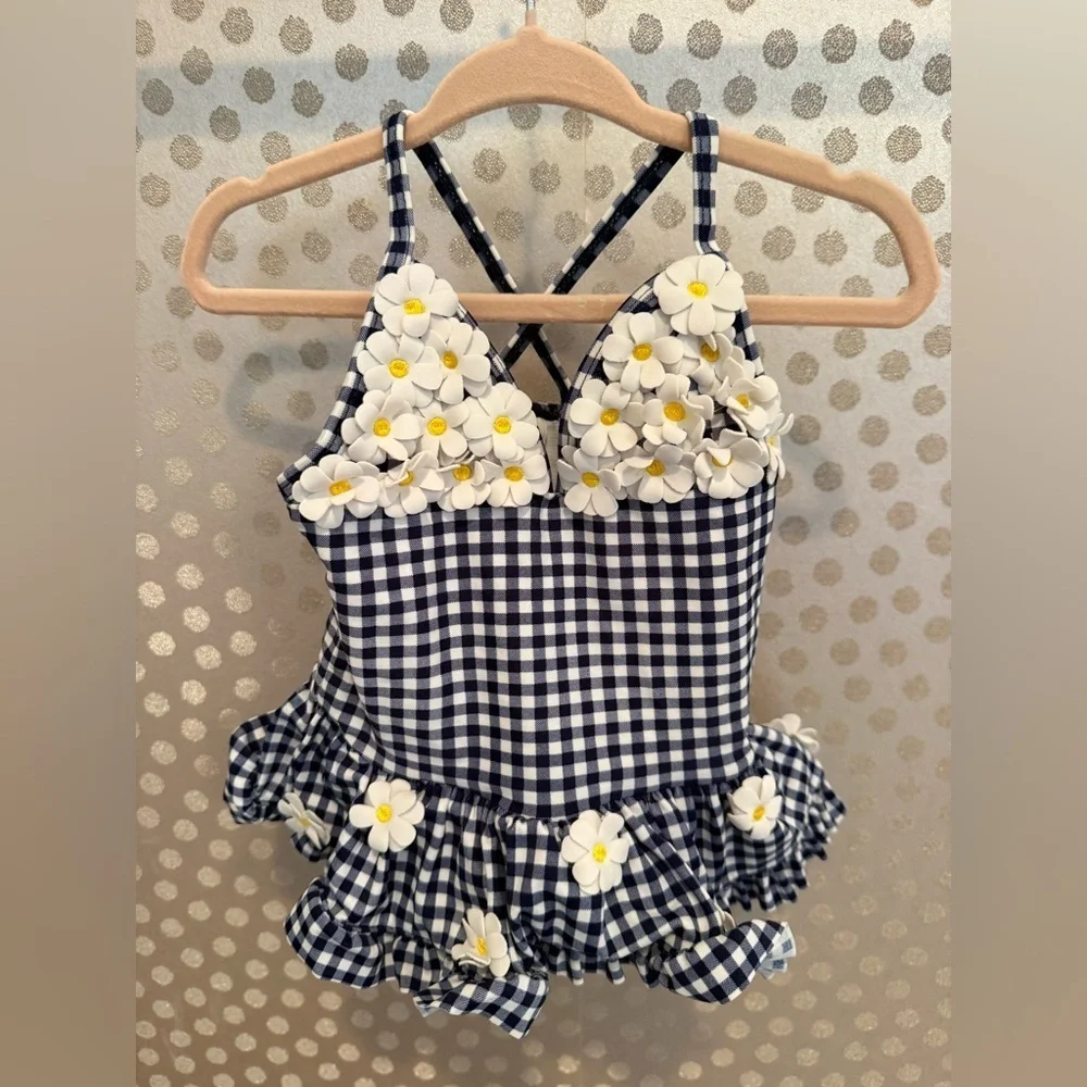 Little Me Navy and White Gingham Swimsuit with Daisy Details
